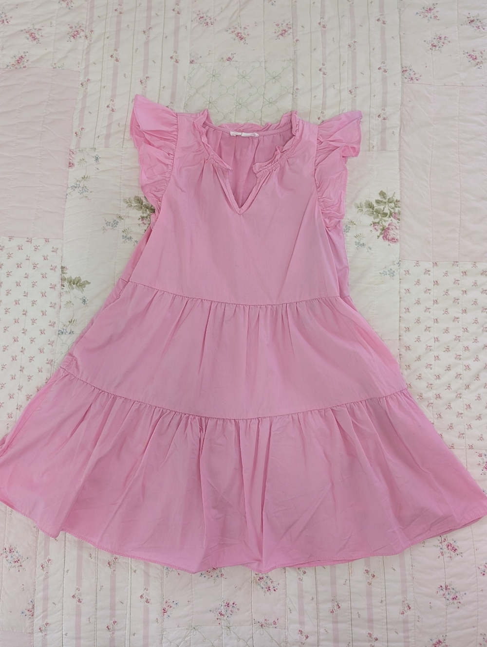 Girls' Pink Tiered Flutter-Sleeve Dress